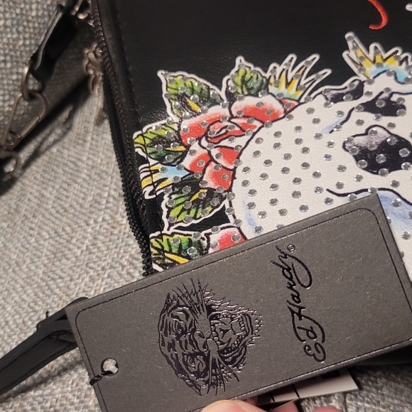 Ed Hardy Black Shoulder Bag with Skull and Floral Design - Picture 8 of 11